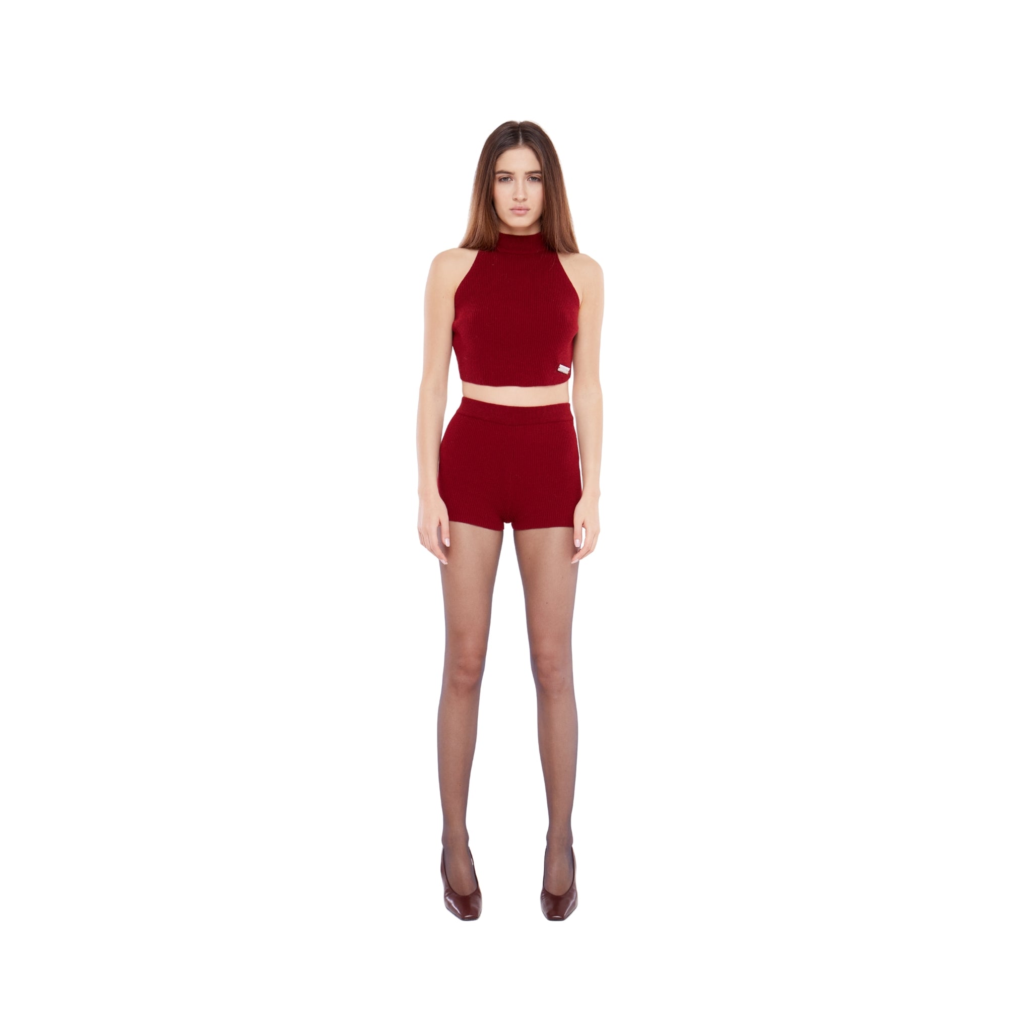 Ribbed Cropped Halter Top in Crimson
