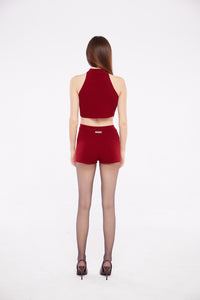 Ribbed Cropped Halter Top in Crimson