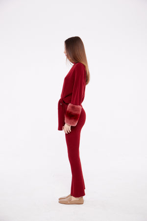 Tie Detailed Cuff  Sweater in Crimson