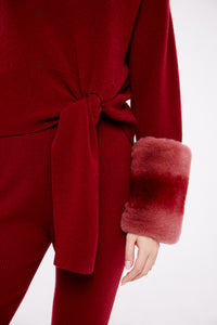 Tie Detailed Cuff  Sweater in Crimson