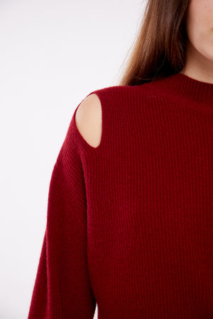 Tie Detailed Cuff  Sweater in Crimson