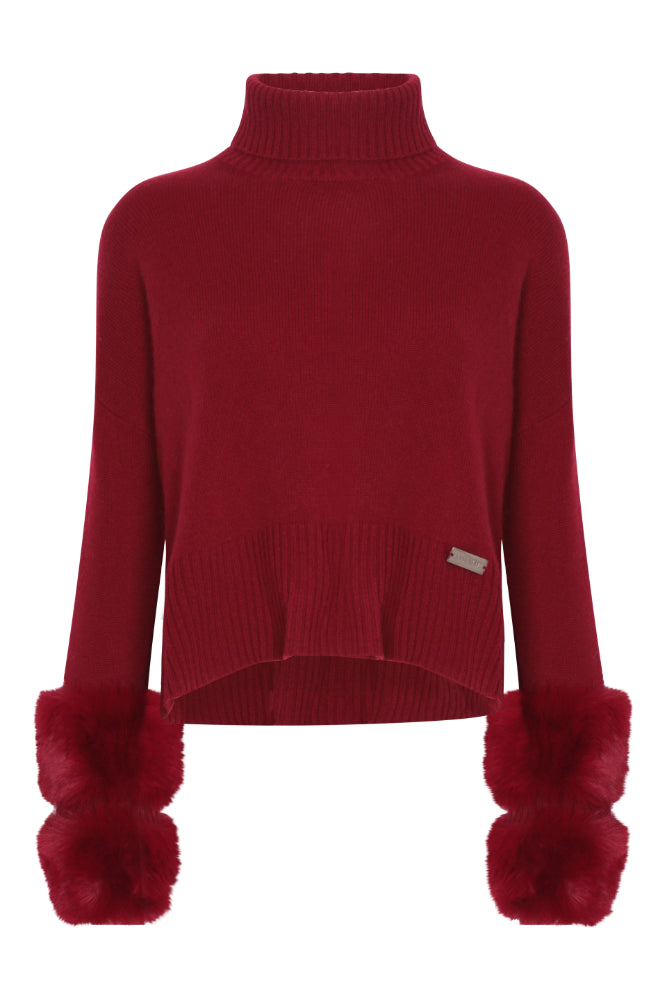 Cropped Polo Neck Faux Cuff Sweater in Crimson