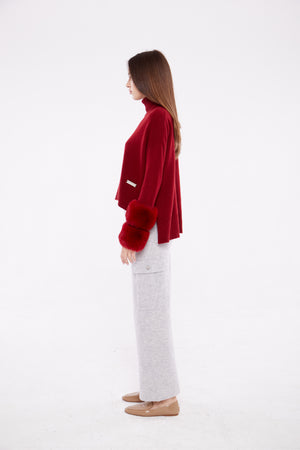 Cropped Polo Neck Faux Cuff Sweater in Crimson