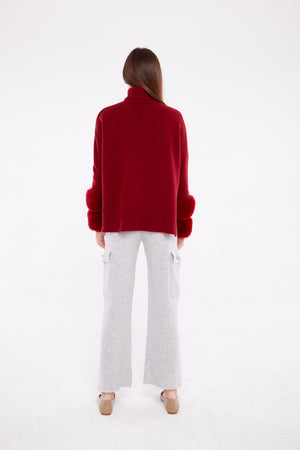 Cropped Polo Neck Faux Cuff Sweater in Crimson