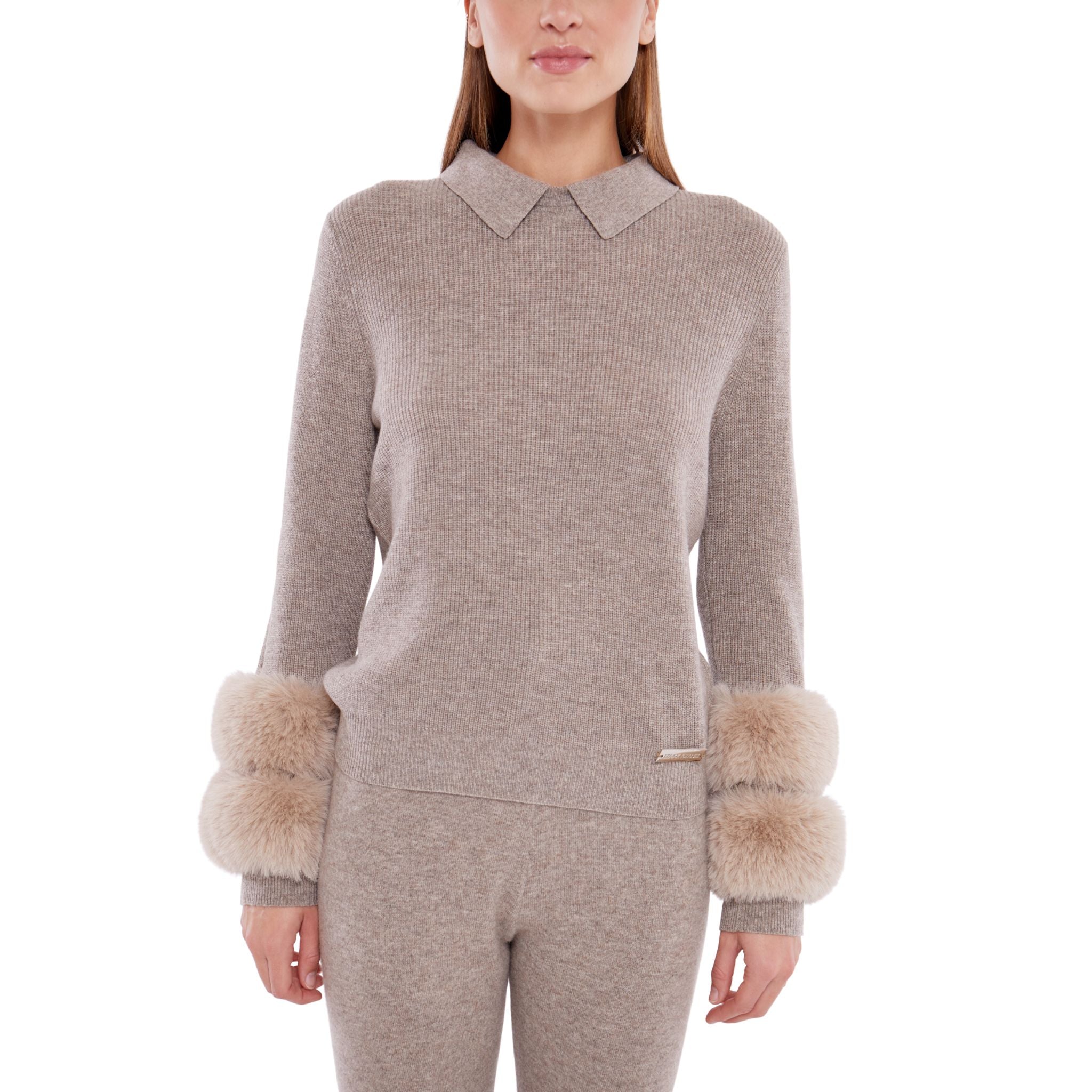 Collared Sweater with Faux Cuffs in Rice Flower