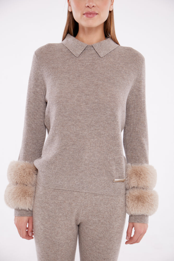 Collared Sweater with Faux Cuffs in Rice Flower