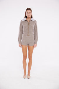 Zip Up Sweater with Lamb Shearling Collar in Rice Flower