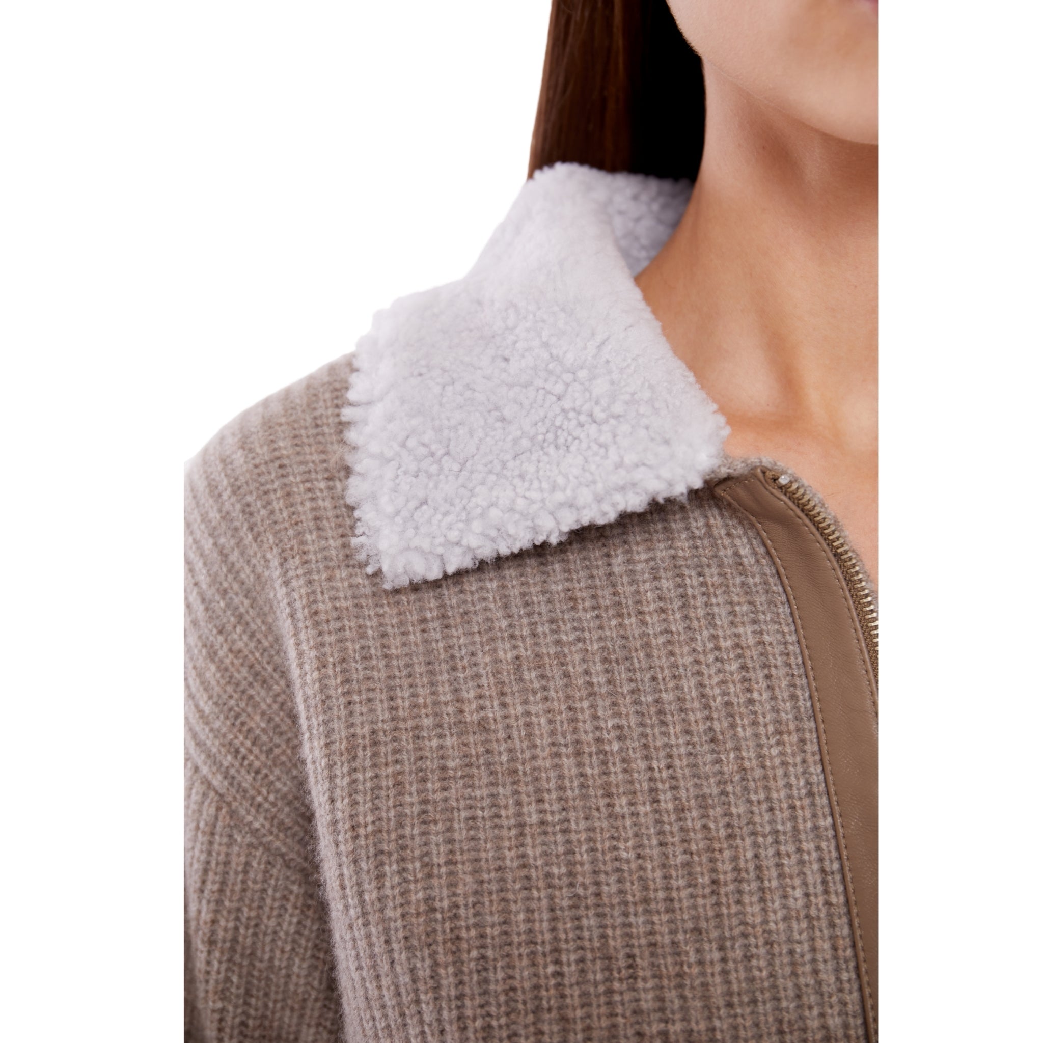 Zip Up Sweater with Lamb Shearling Collar in Rice Flower