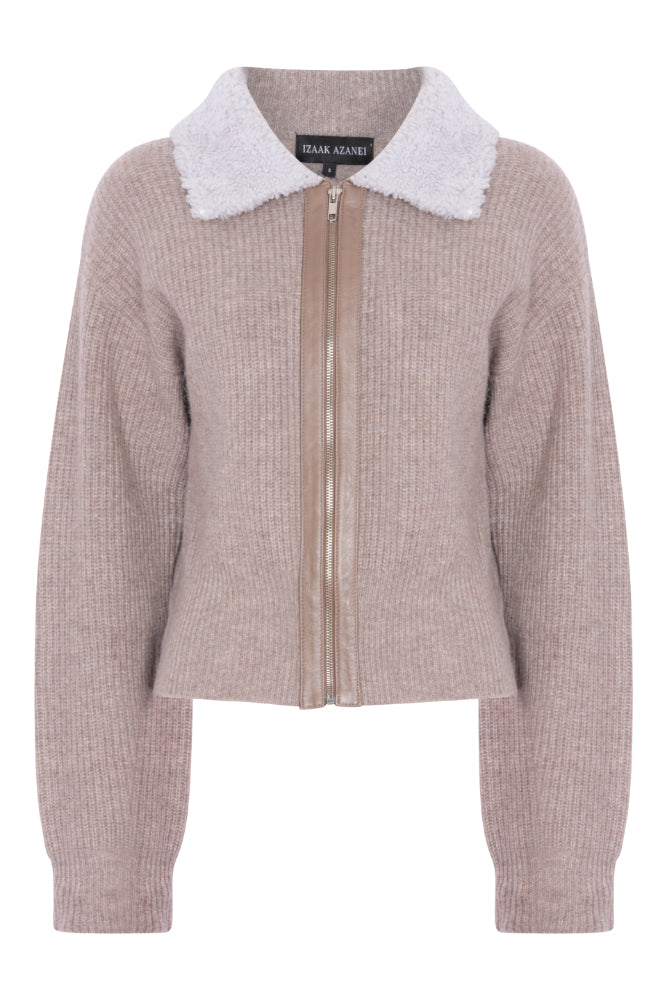 Zip Up Sweater with Lamb Shearling Collar in Rice Flower