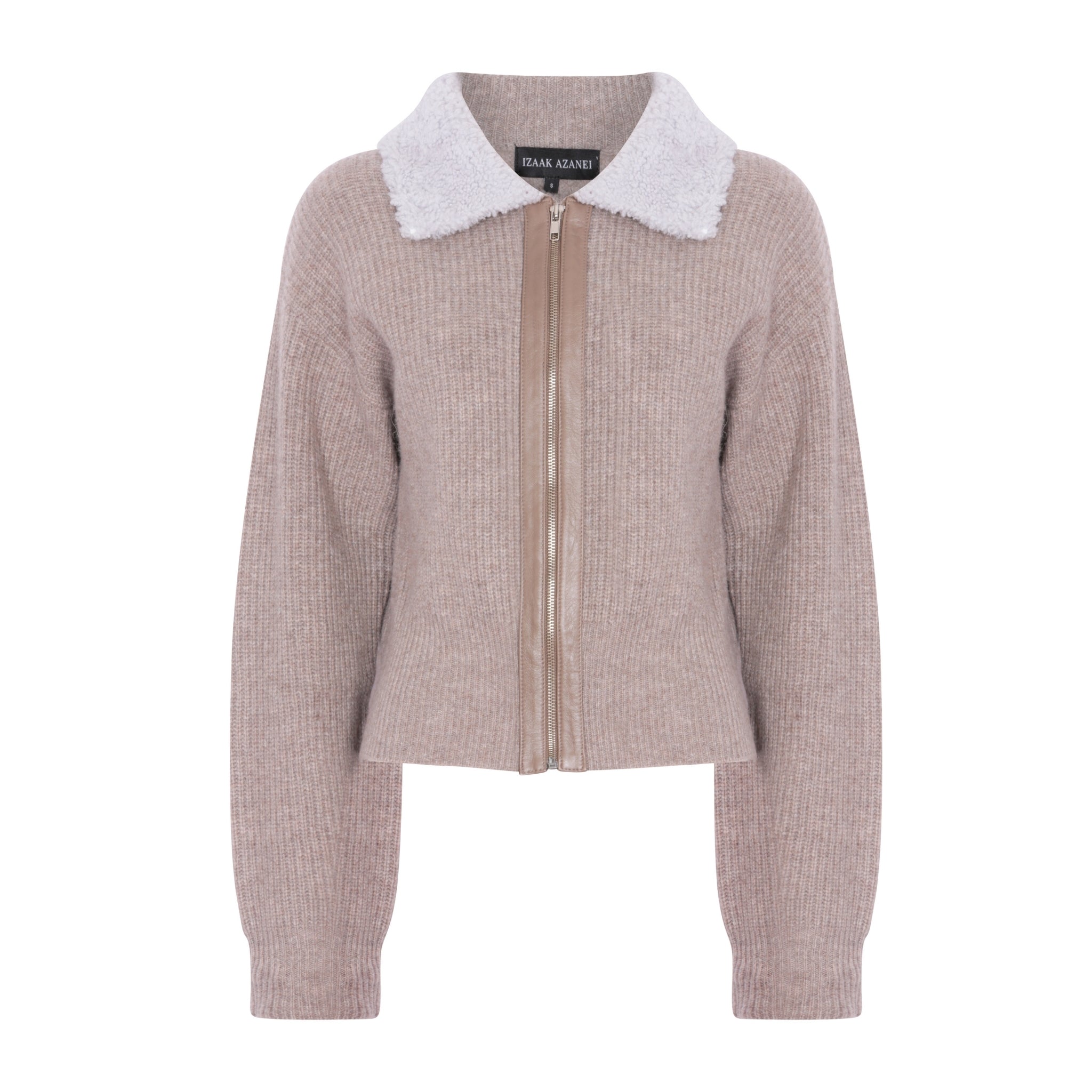 Zip Up Sweater with Lamb Shearling Collar in Rice Flower