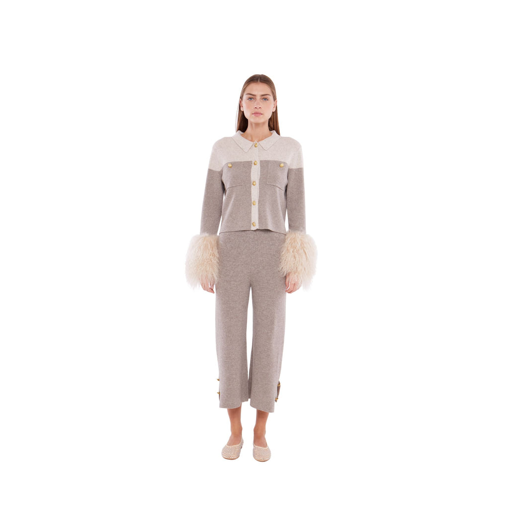 Cropped Pants With Button Detail in Rice Flower