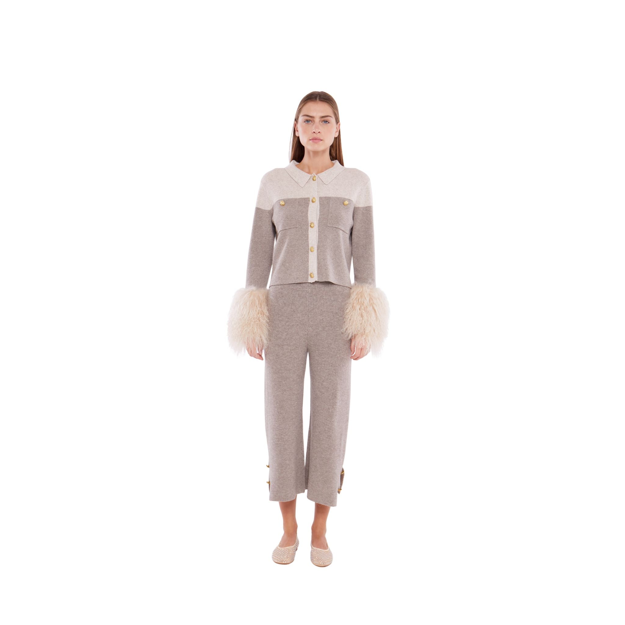 Cropped Pants With Button Detail in Rice Flower