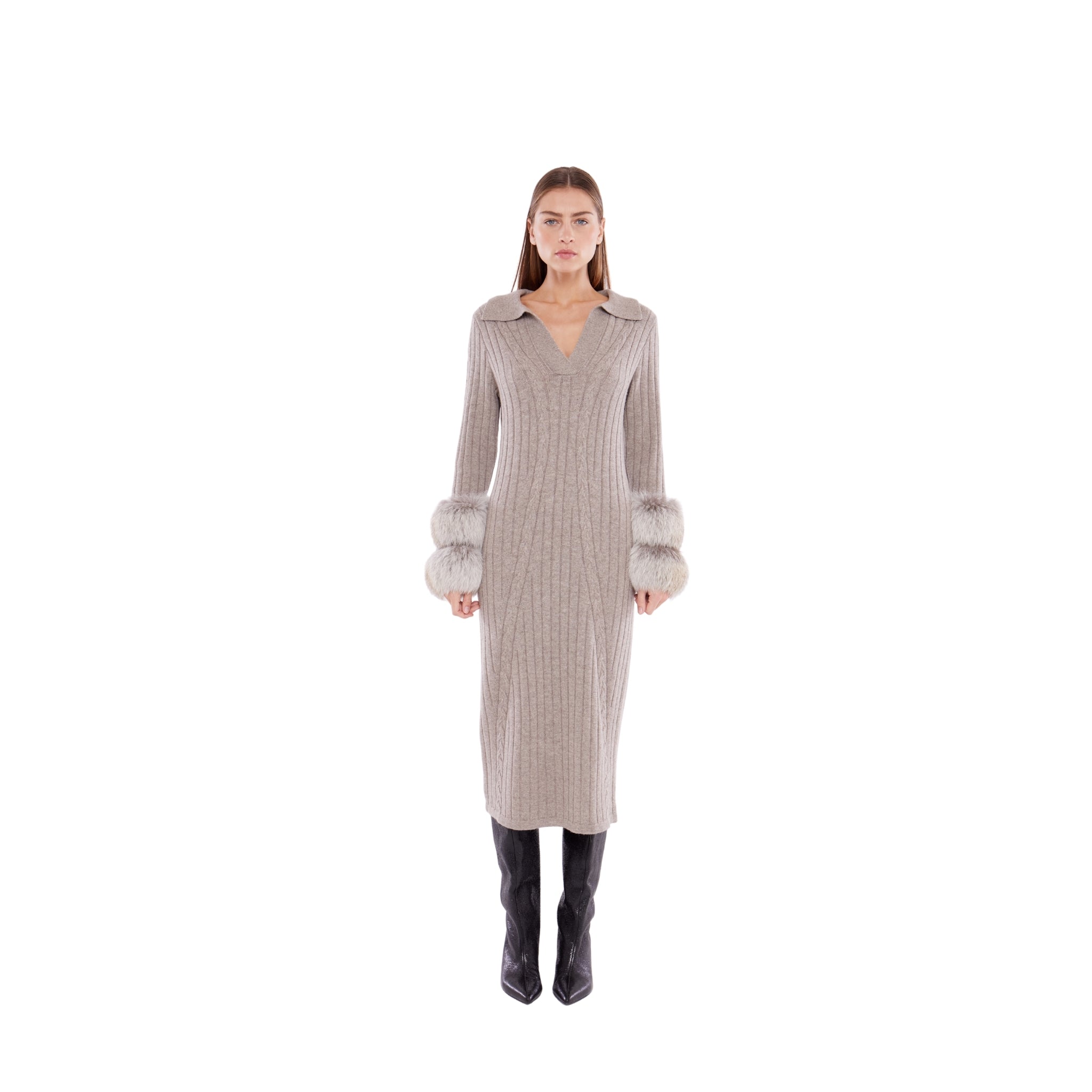 Long Cable Knit Dress with Cuffs in Rice Flower