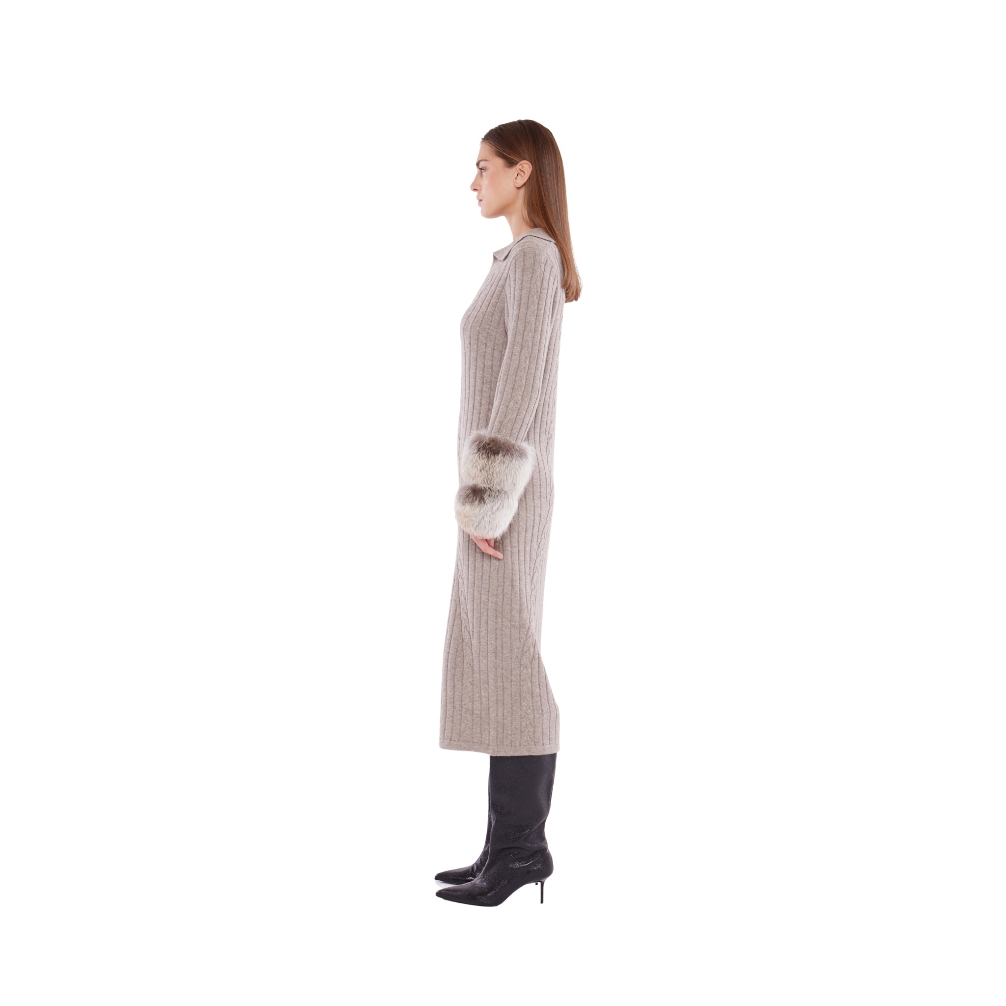 Long Cable Knit Dress with Cuffs in Rice Flower