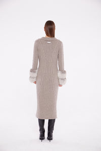 Long Cable Knit Dress with Cuffs in Rice Flower