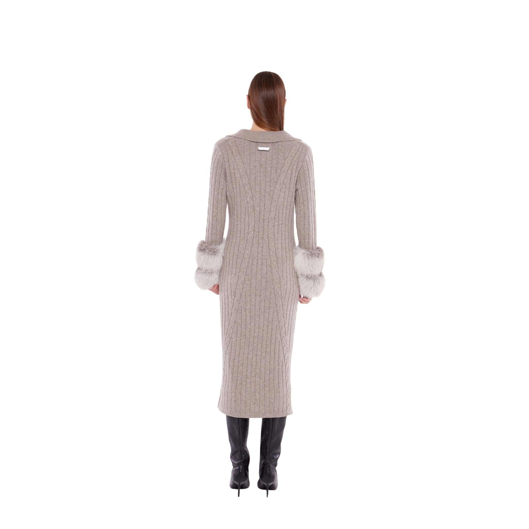 Long Cable Knit Dress with Cuffs in Rice Flower