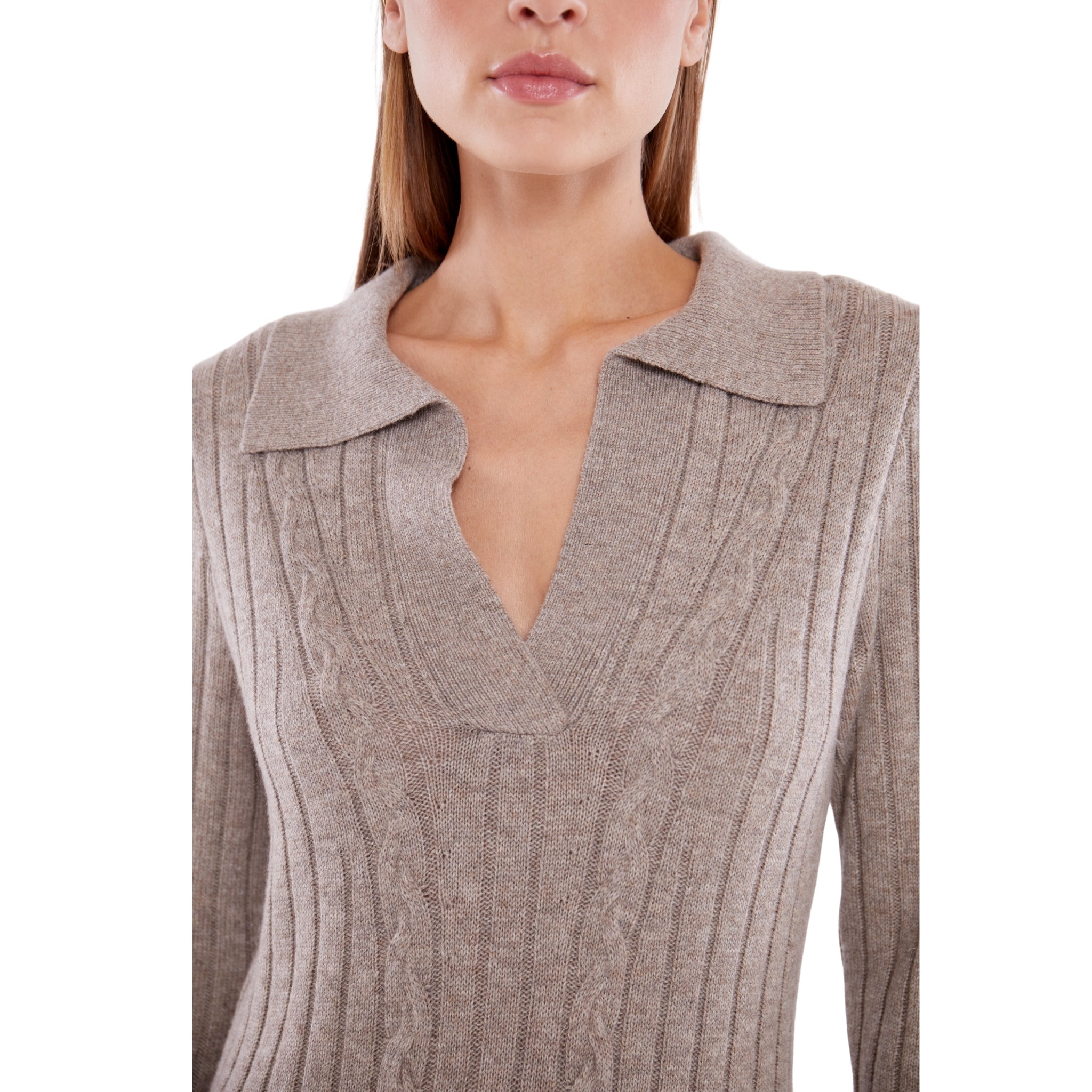Long Cable Knit Dress with Cuffs in Rice Flower