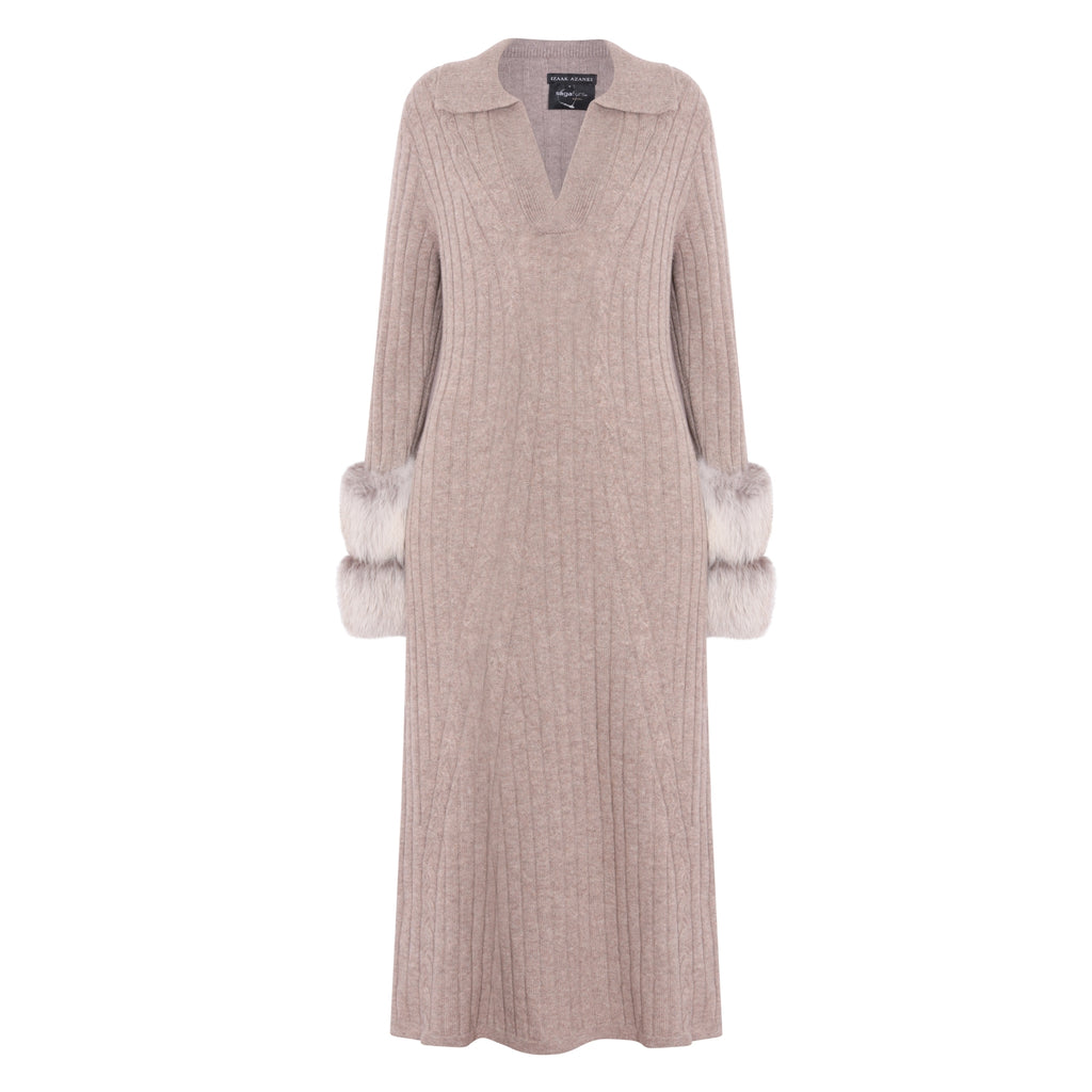 Long Cable Knit Dress with Cuffs in Rice Flower