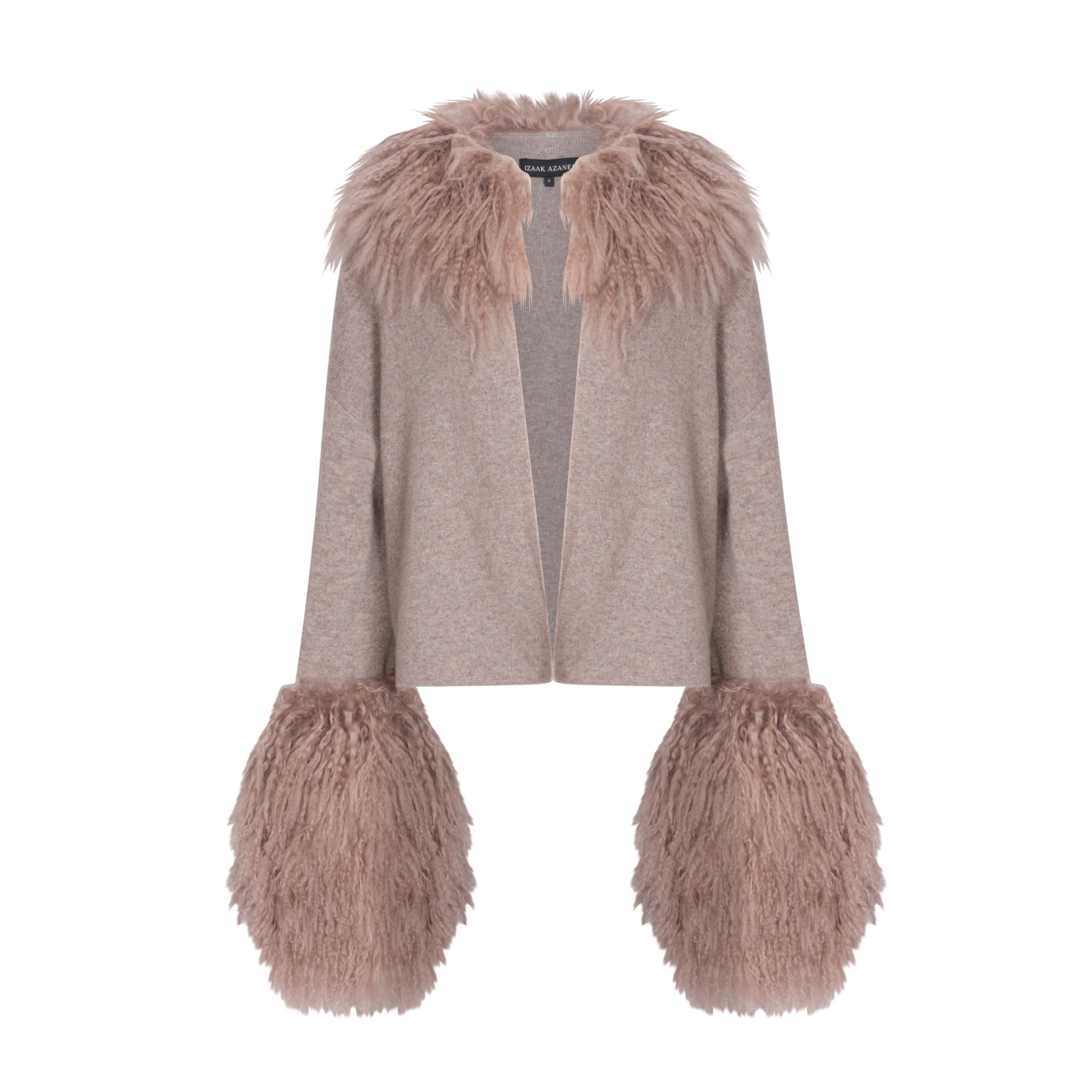 Cable Knit Jacket with Shearling Collar & Cuffs in Rice Flower