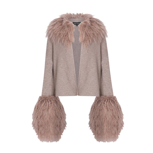 Cable Knit Jacket with Shearling Collar & Cuffs in Rice Flower