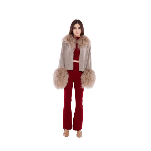 Cable Knit Jacket with Shearling Collar & Cuffs in Rice Flower