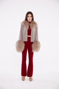 Cable Knit Jacket with Shearling Collar & Cuffs in Rice Flower