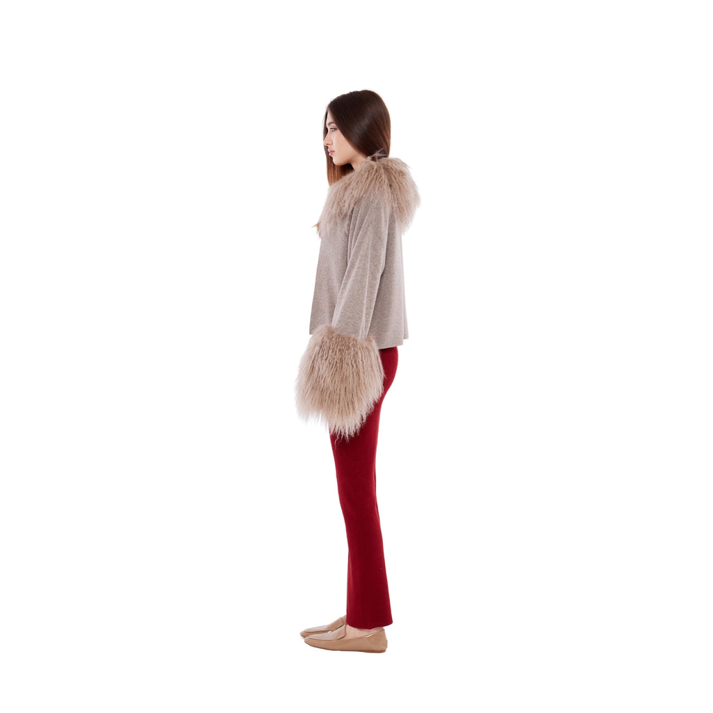 Cable Knit Jacket with Shearling Collar & Cuffs in Rice Flower