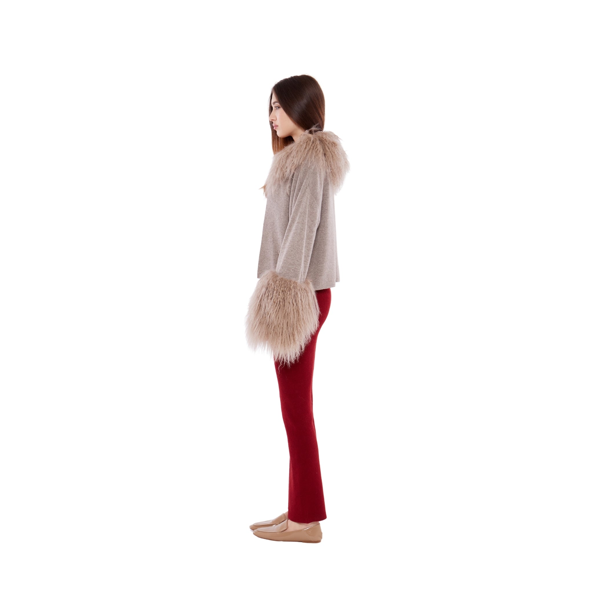 Cable Knit Jacket with Shearling Collar & Cuffs in Rice Flower