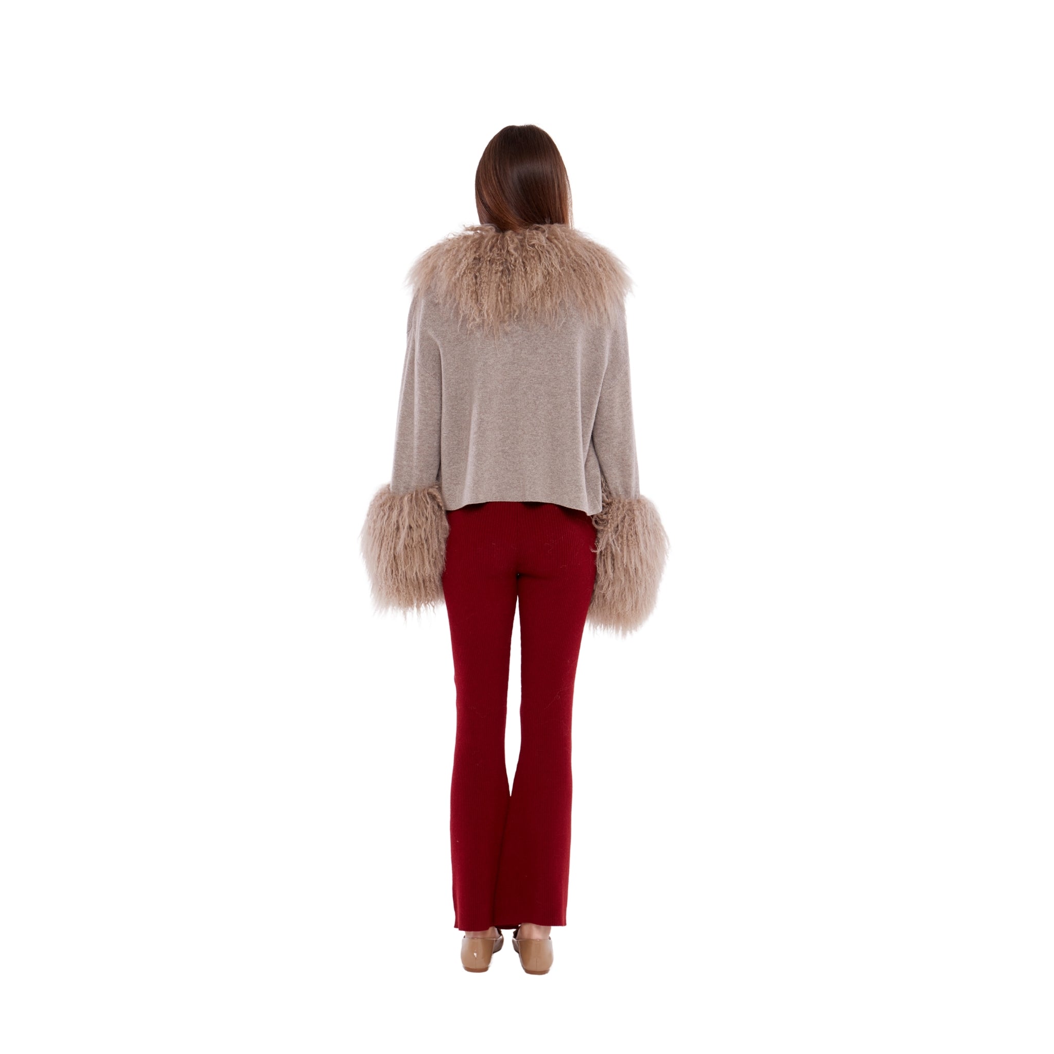 Cable Knit Jacket with Shearling Collar & Cuffs in Rice Flower
