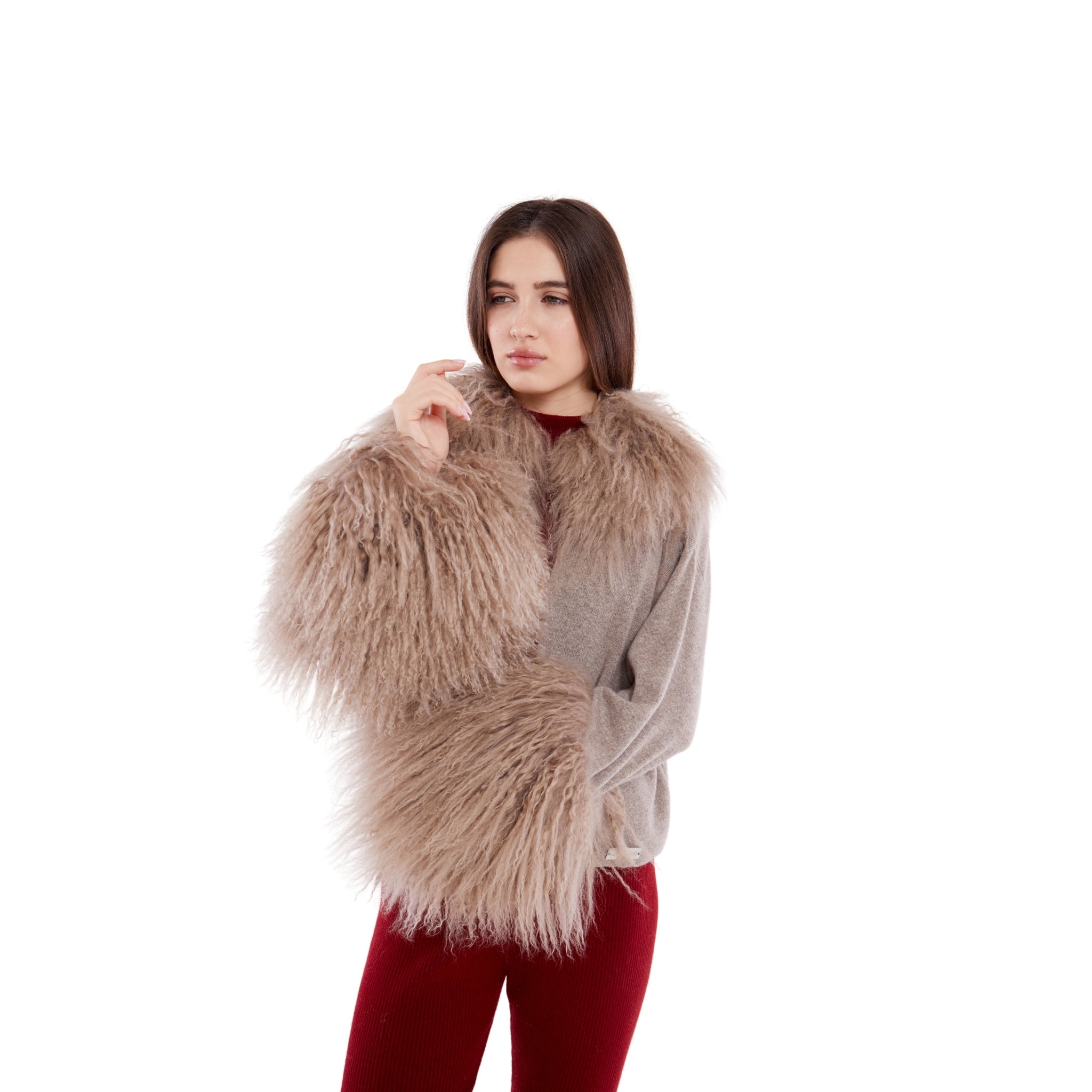 Cable Knit Jacket with Shearling Collar & Cuffs in Rice Flower