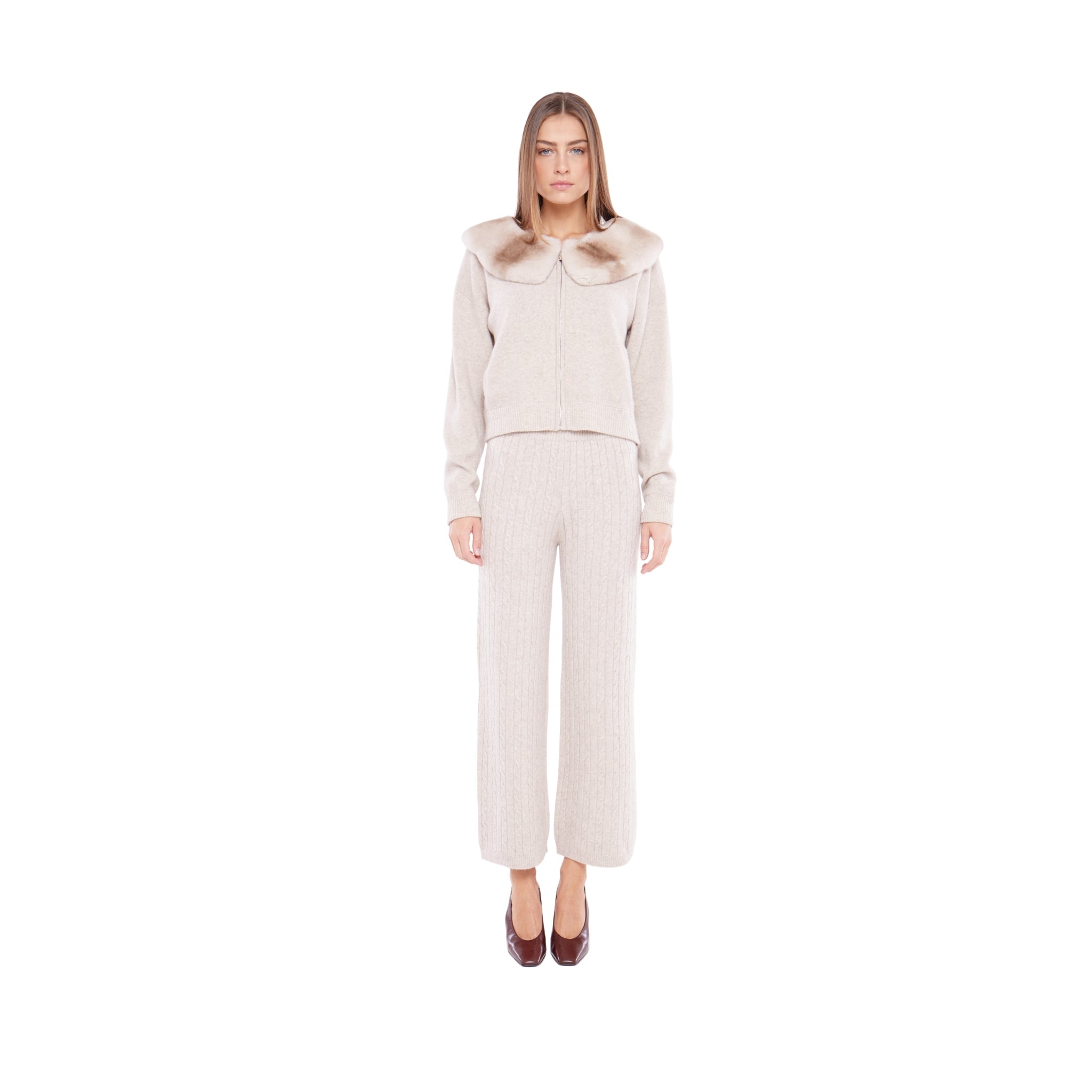 Zip Up Sweater with Collar in Sand