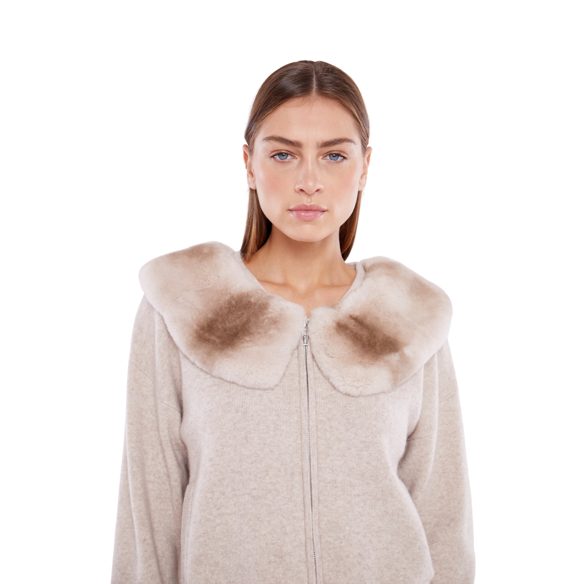 Zip Up Sweater with Collar in Sand