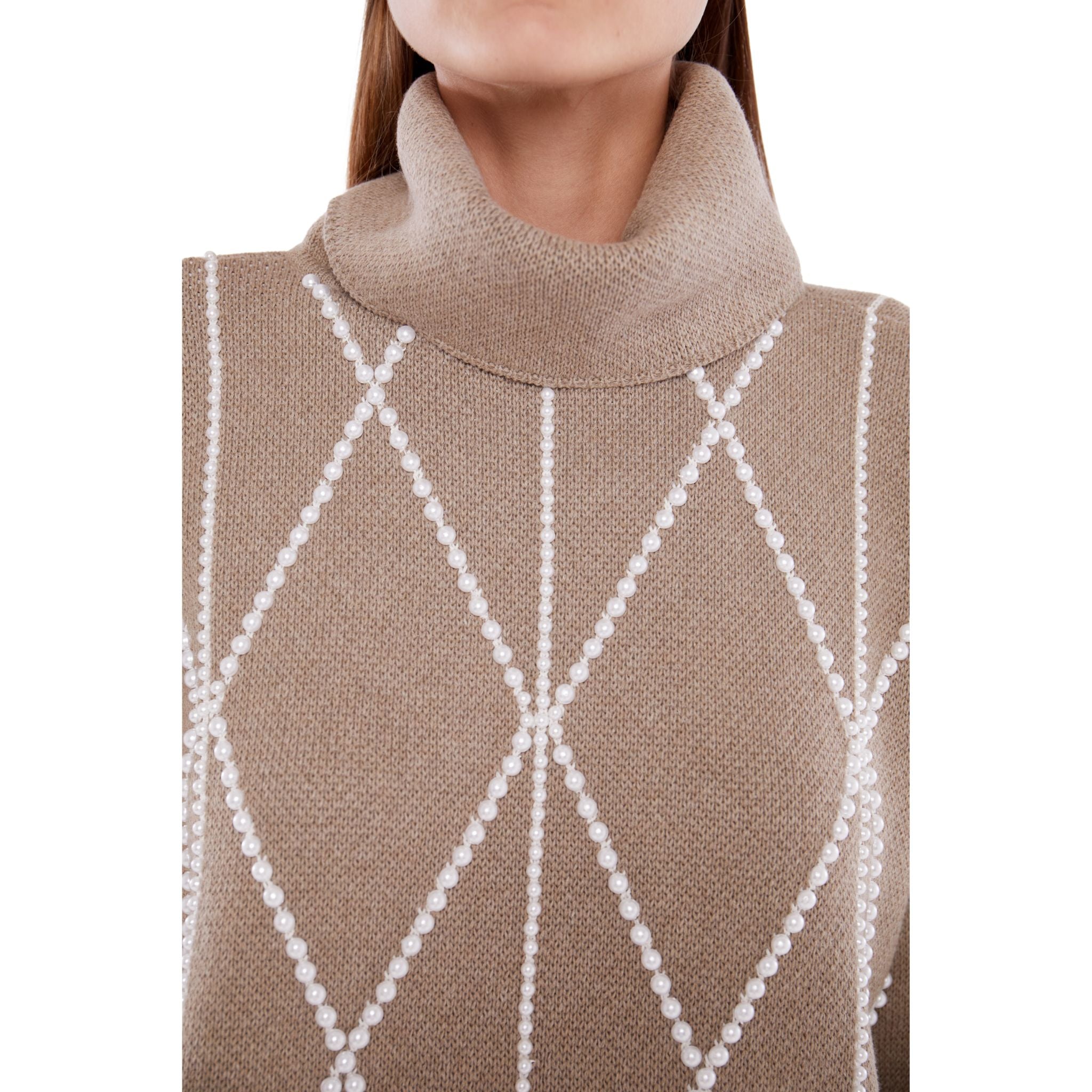 Embellished High Neck Sweater in Taupe