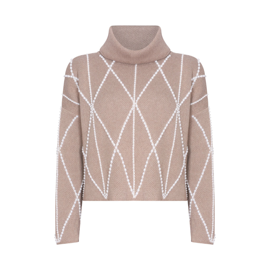 Embellished High Neck Sweater in Taupe