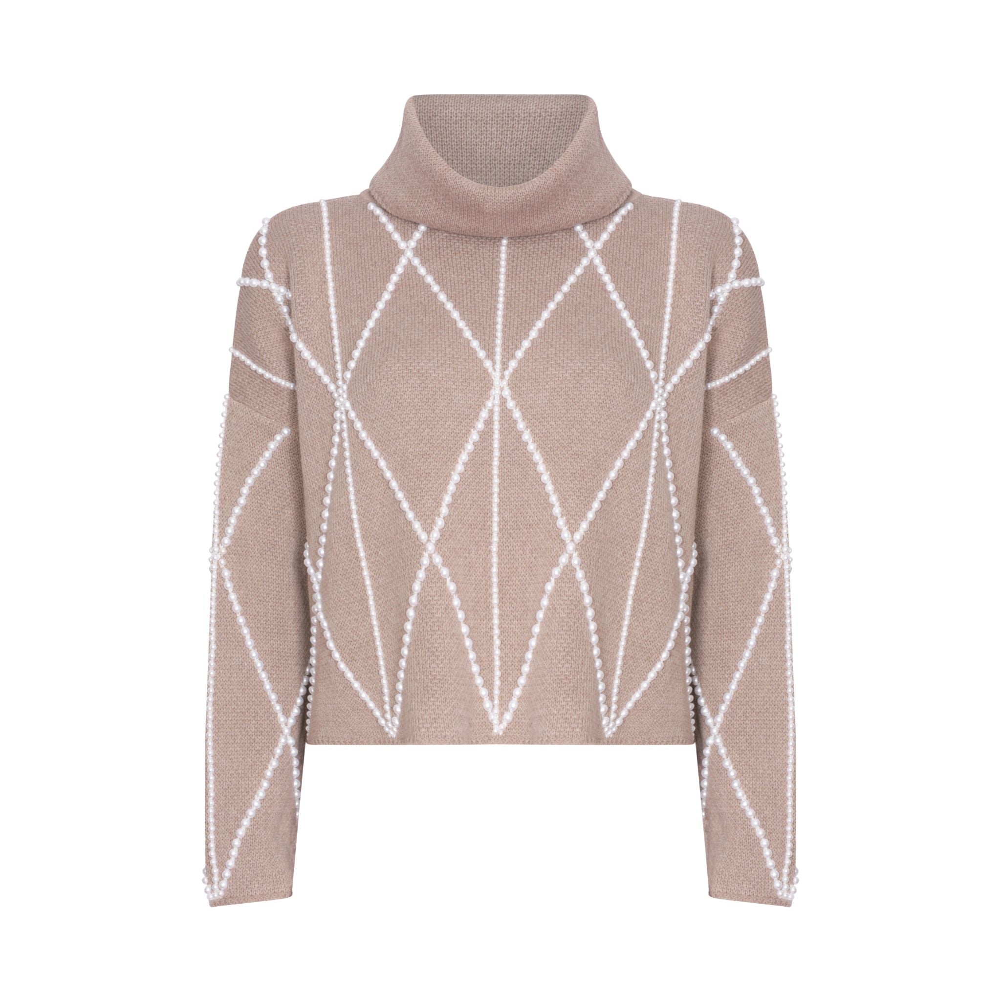 Embellished High Neck Sweater in Taupe