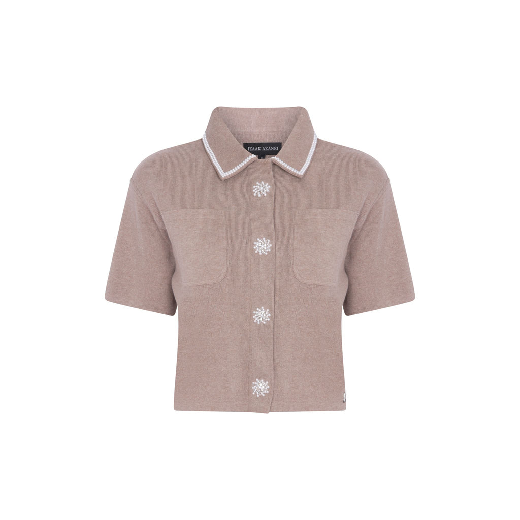 Short Sleeve Embellished Pocket Shirt in Taupe