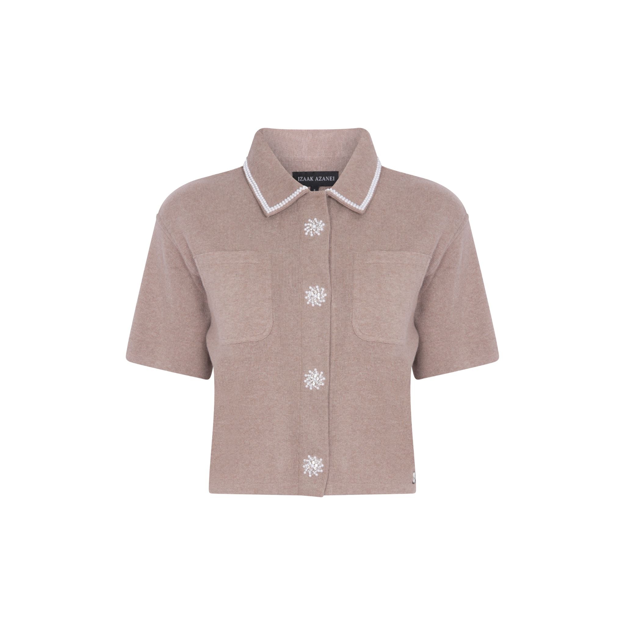 Short Sleeve Embellished Pocket Shirt in Taupe
