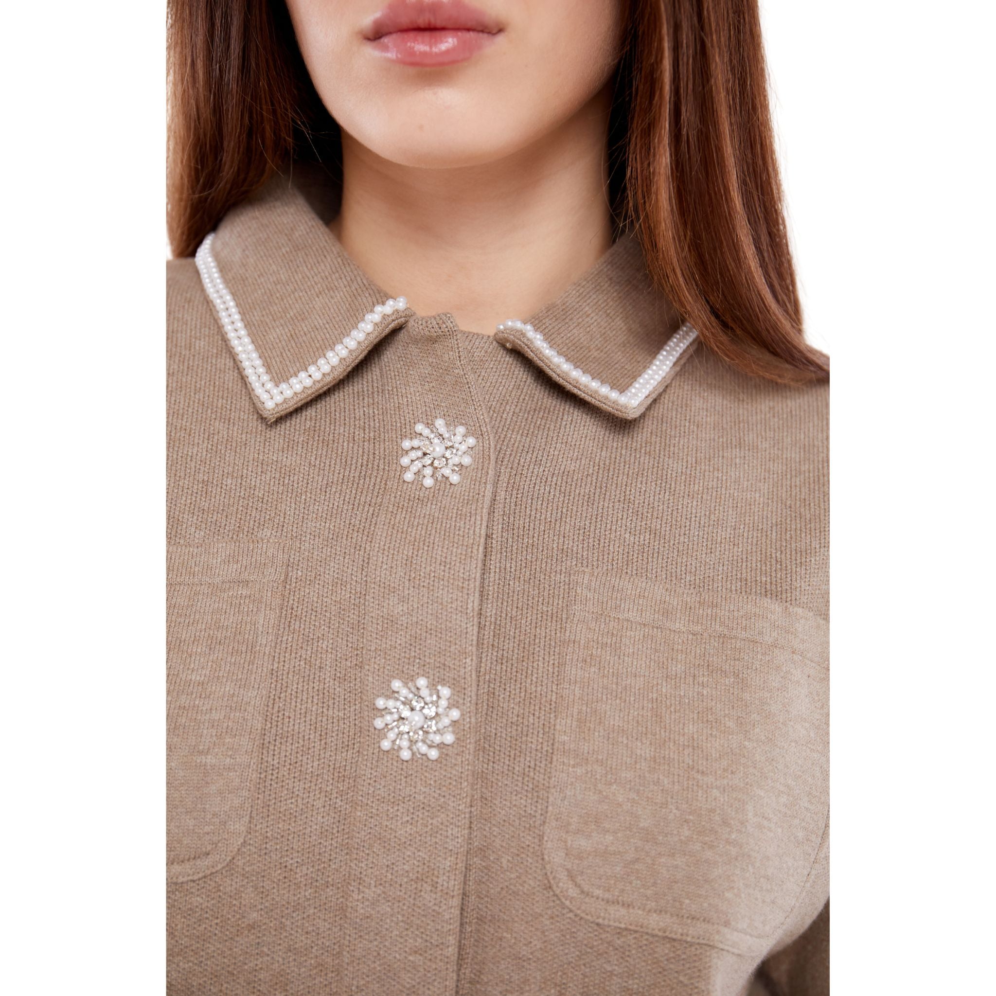 Short Sleeve Embellished Pocket Shirt in Taupe