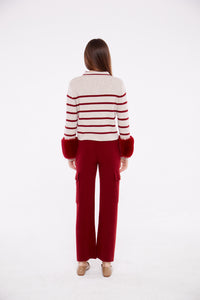 Striped Button Detail Shirt with Faux Cuffs in Crimson and Sand