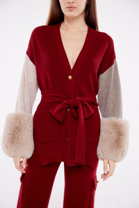 Tie Detail Faux Cuff Cardigan in Crimson, Rice Flower and Sand