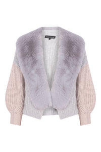 Dual Tone Faux Collar Cardigan in Fog and Sand