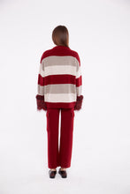 Load image into Gallery viewer, Striped Button Detail Cardigan with Cuffs in Crimson, Rice Flower and Sand
