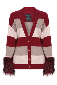 Striped Button Detail Cardigan with Cuffs in Crimson, Rice Flower and Sand