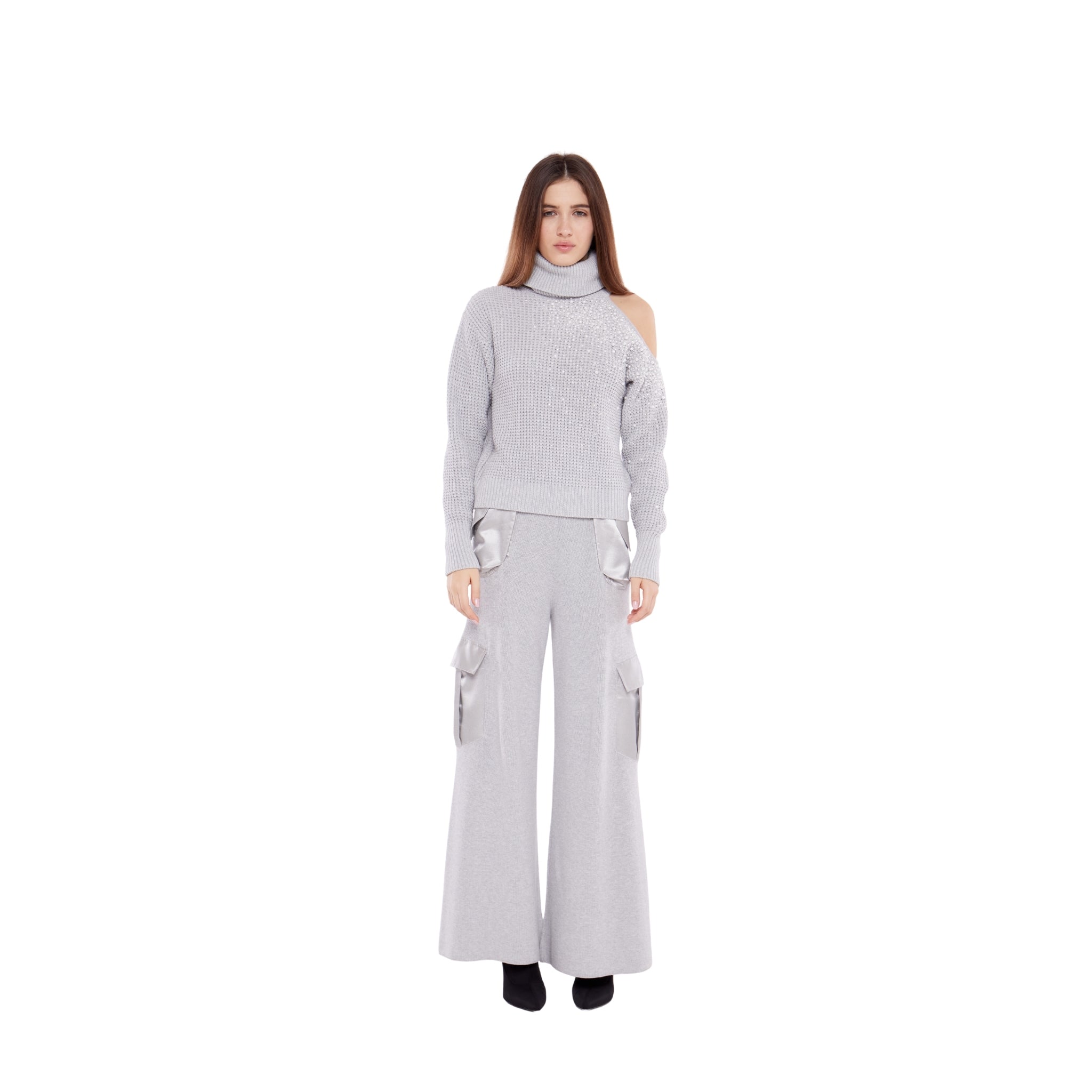 Embellished Cut Out Chunky Polo Neck Sweater in Ash