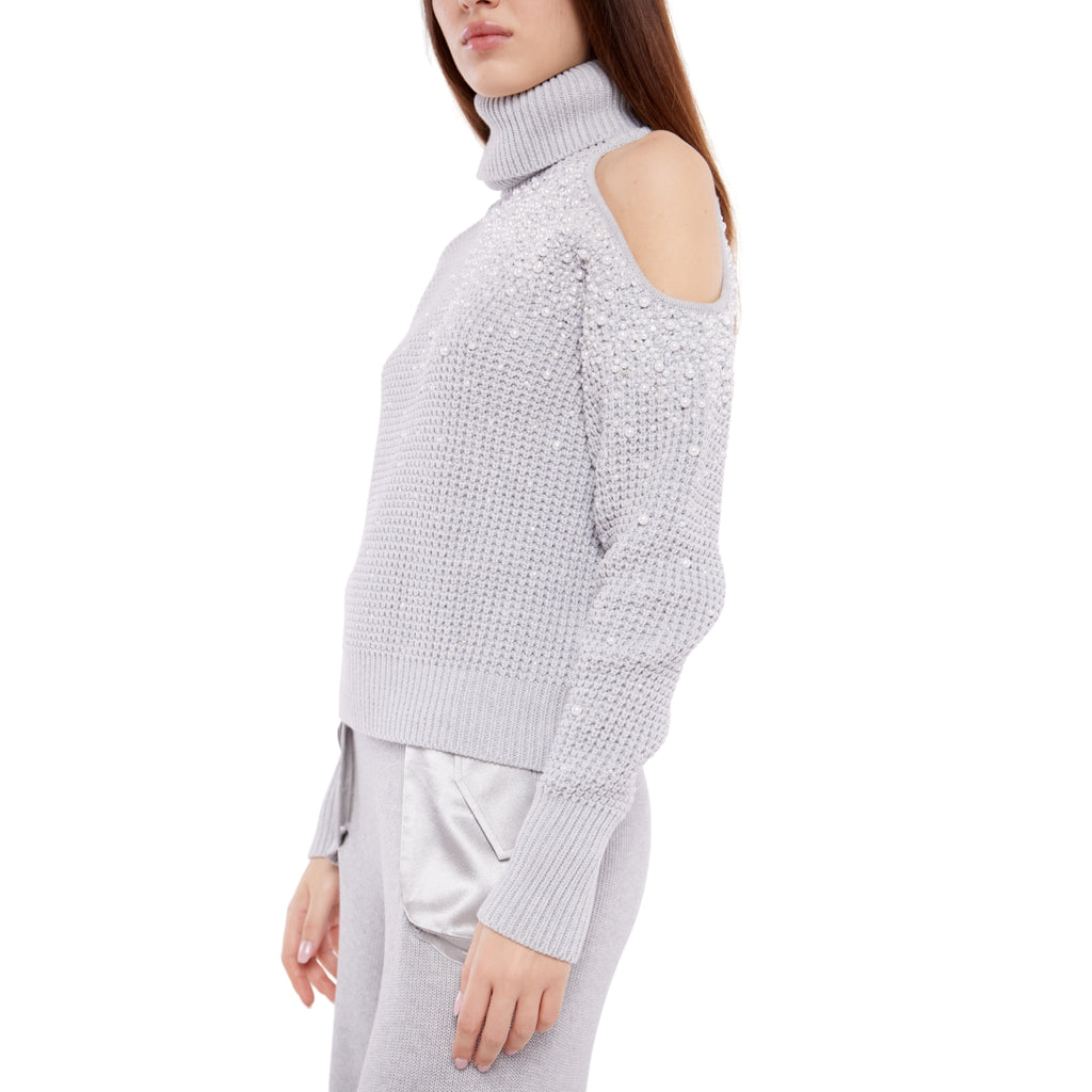 Embellished Cut Out Chunky Polo Neck Sweater in Ash