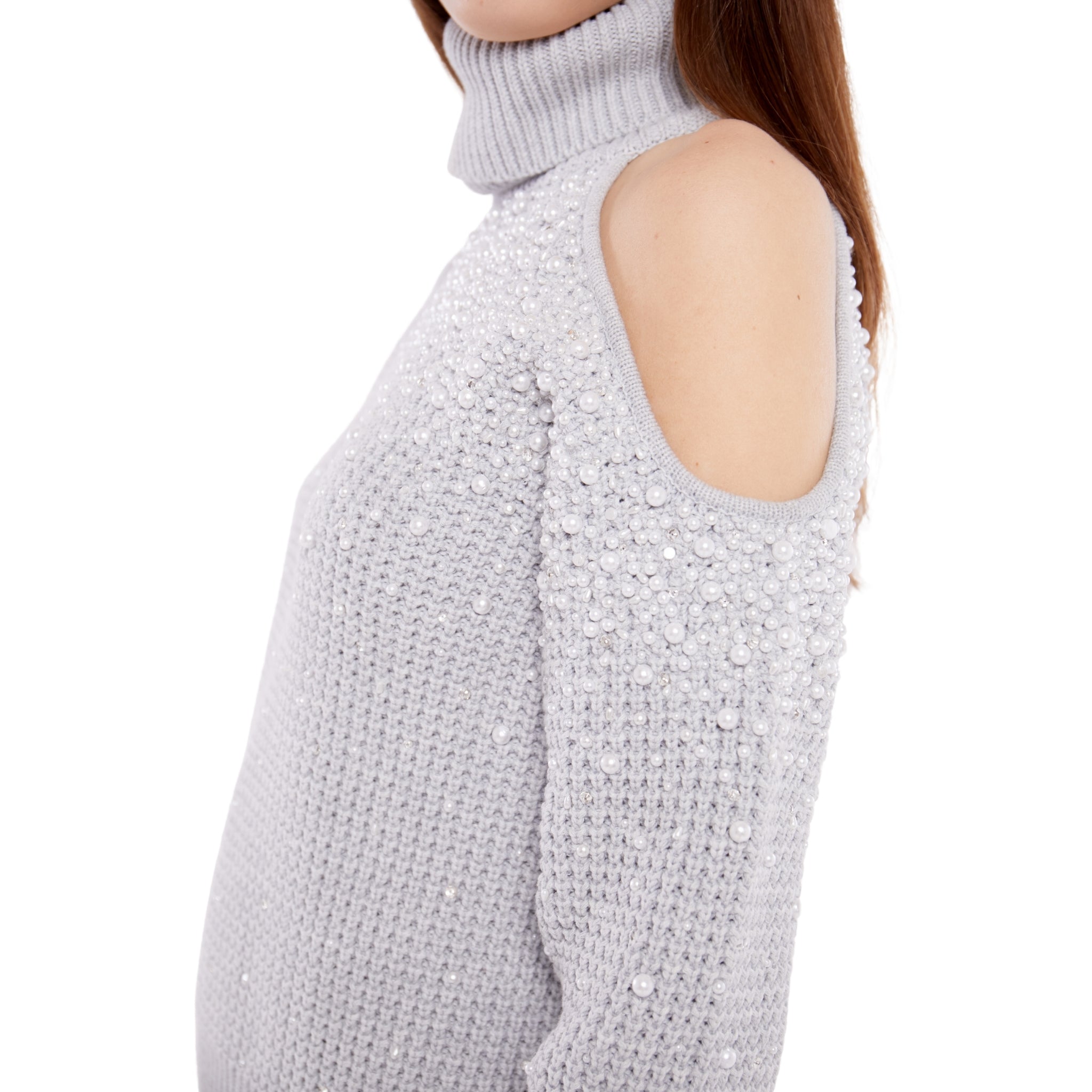 Embellished Cut Out Chunky Polo Neck Sweater in Ash