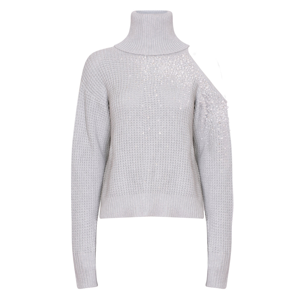 Embellished Cut Out Chunky Polo Neck Sweater in Ash