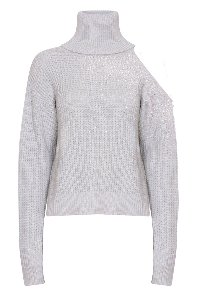 Embellished Cut Out Chunky Polo Neck Sweater in Ash