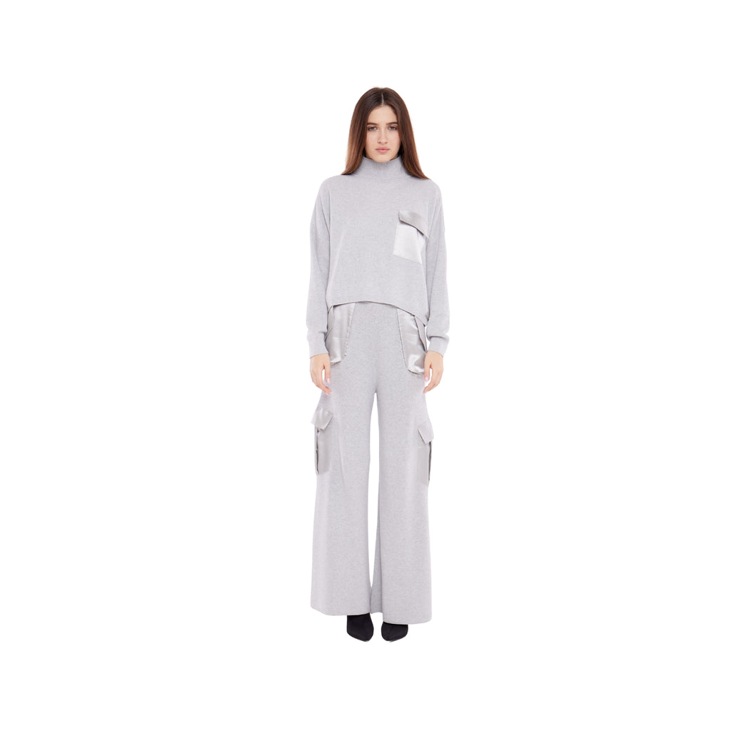 Polo Neck Sweater with Satin Pocket in Ash