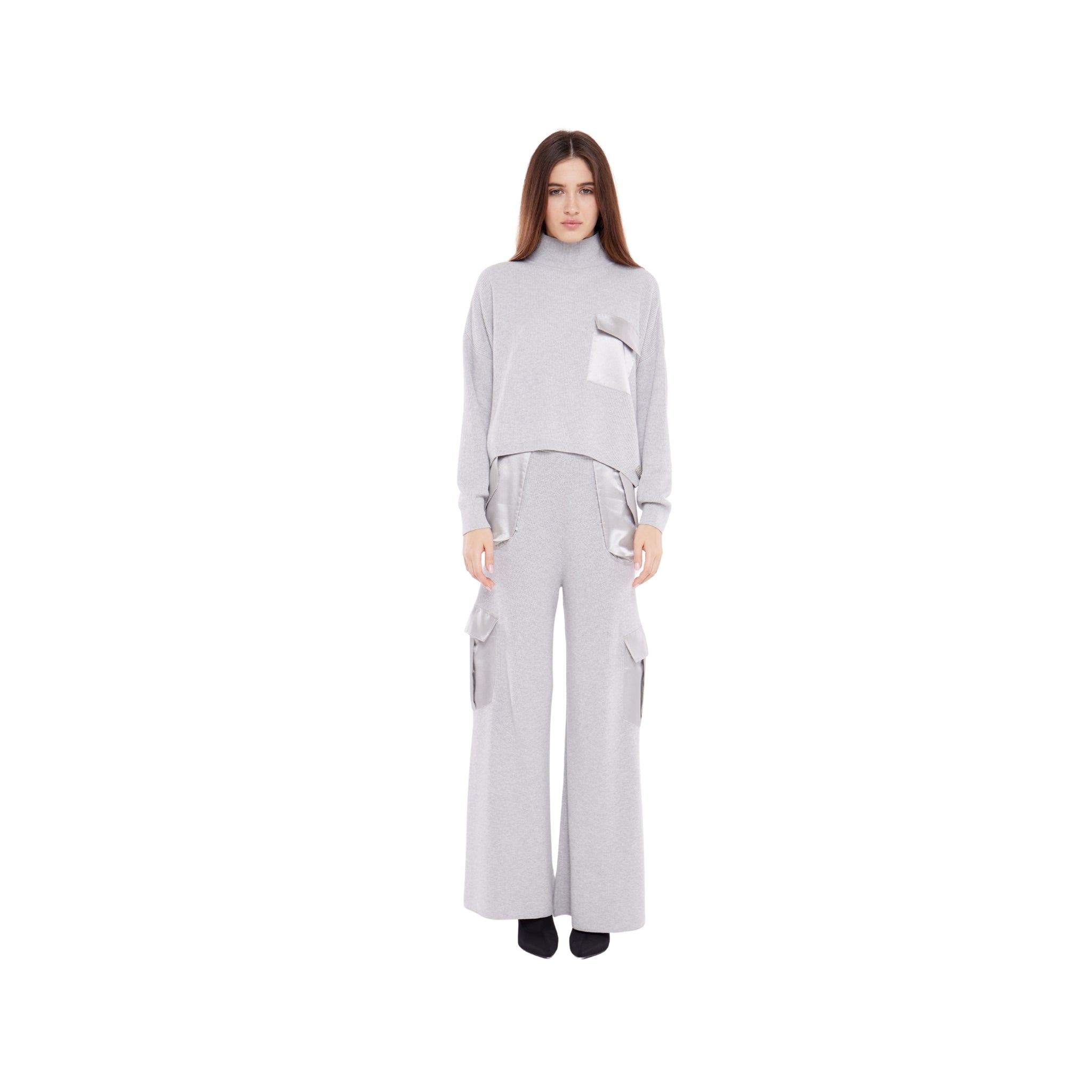 Polo Neck Sweater with Satin Pocket in Ash